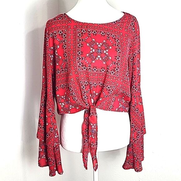 Altar'd State Red Printed Crop-top with Wide Layered Bell Sleeves, Size Medium - Picture 2 of 9
